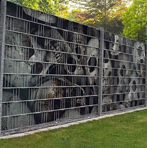 Displayhersteller MyMaxxi Zaunsichtschutz - Totenkopfgrube - Sichtschutzstreifen für Doppelstabmattenzaun - Windschutz Sonnenschutz Blickdicht - Sichtschutz Garten Teil1-9 Streifen - 250x180cm