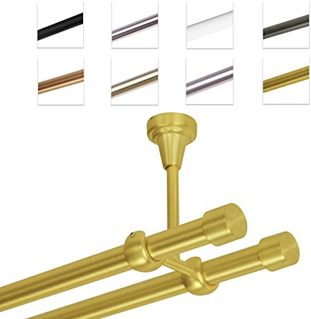 MDEKOR Gardinenstange 280 cm 2-läufig | Vorhangstange für die Deckenmontage Messing Gold aus Metall | Gardinenstangenset Ø 19mm