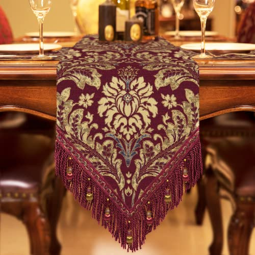 TOPLUXE Tischläufer mit Quasten, Jacquard Tischdecke für Esstisch Urlaub Party Wohnzimmer Dekoration (33x228cm, Rot)