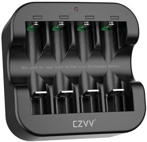 czvv Lithium AA AAA Rechargeable Battery Charger - 1.5V Lithium Battery Charger with LED Indicator Light, 4 Independent Slots, Ultra Fast Charge 2H, Overcharge Protection, Type-C (Black)