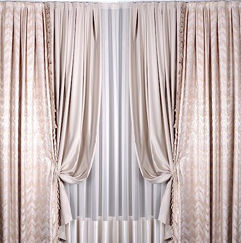 2x Set Luxus fertig Vorhänge Gardine nach Maß Jacquard Textur Landhaus abstrakt Muster Beige Wohnzimmer Schlafzimmer Haus Wohnung Villa 140 cm breit 140 - 300 cm Lang (120 x140 cm) (140 x140 cm)
