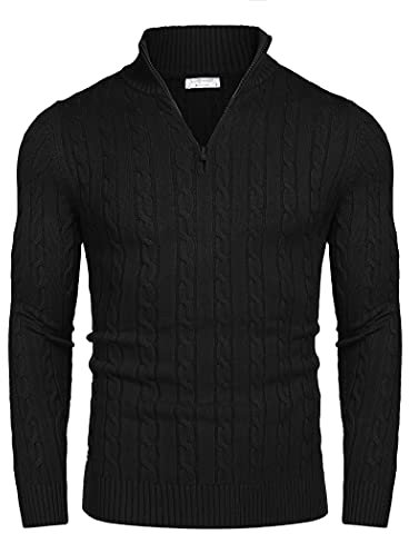 COOFANDY Herren Reißverschluss Stehkragen Pullover Slim Fit Rollkragenpullover Winter Warm Pulli Schwarz XL