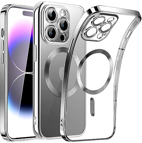 SEOUGEE Magnetic Clear for iPhone 13 Pro Case with MagSafe [Non-Yellowing] [Integrated Camera Cover] Shockproof Silicone Cover [Anti-Fingerprint Scratch] Wireless Charging (Silver)