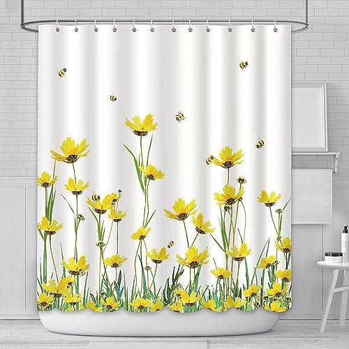 AIBIIN 180x180cm Printemps Fleur Rideau de Douche Abeille Rideau d'été Jaune Gerbera pollens Illustration Impression Polyester matériaux imperméables Maison Ensembles de Baignoire avec 12 Crochets.