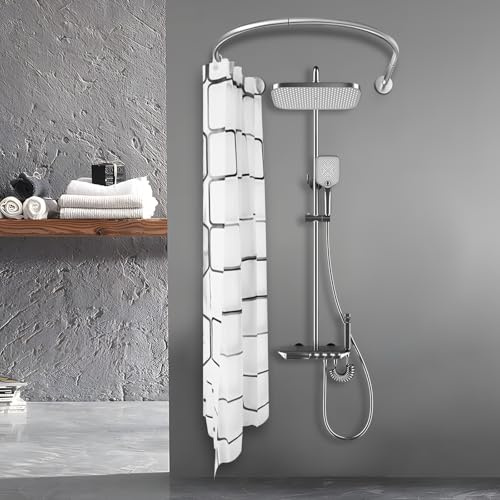 Caskunbsy Barra per tenda da doccia ad angolo, asta per tenda da doccia, in acciaio inox, regolabile, senza foratura, per bagno