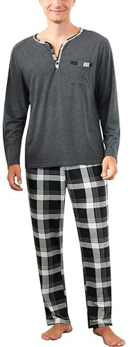 Pyjama Homme Coton Ensemble Hauts de Pyjama Tee Shirt Col Rond Boutons Manches Longues Vêtements d'Intérieur Plaid Carreaux Vêtements de Nuit Grande Taille Confortable Gris Foncé+Carreaux XXXL