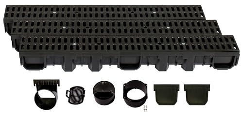 ScarMaxx - A15 Entwässerungsrinne Set - Bodenrinne - Regenwasser-Ablauf - Abfluss mit Gitter - Drainagekanal - Flach - Kunststoff - Bauhöhe 115 mm - mit Stegrost Classic Schwarz - 3m