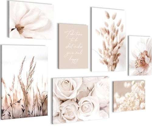 Novart Wandbilder Boho Blumen - KOMPLETT AUFHÄNGFERTIG - Beige Wohnzimmer Schlafzimmer - 7 Moderne Mood-Bilder - N023272a