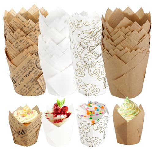 Rubessia Moldes Magdalenas Papel 200 Piezas, Moldes Papel Magdalenas, Tazas Papel de Pastel Tulipán, Papel para Magdalenas, para Hornear y Decorar, para Bodas, Fiestas, Navidad y Cumpleaños Infantiles
