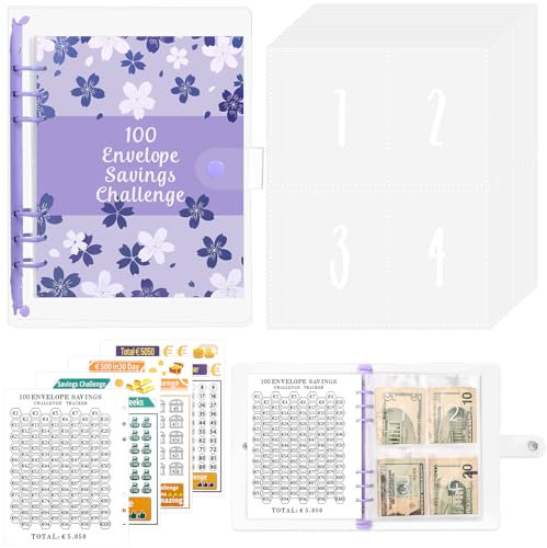 100 Envelope Saving Challenge, Sparchallenge Budgetplaner A5 Ringbuch mit Challenge Tracker & Pre-numbered Geldfächer, Budget Binder für Geld Sparen Challenge - Lila