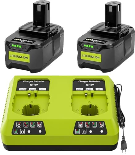 Lot de 2 Batteries au Lithium 18V et Chargeur P117 pour Ryobi One+, Batterie de Rechange Li-ION et Chargeur pour Outils Ryobi 18 V One+ P108 P107 P104 P105 P102 P103