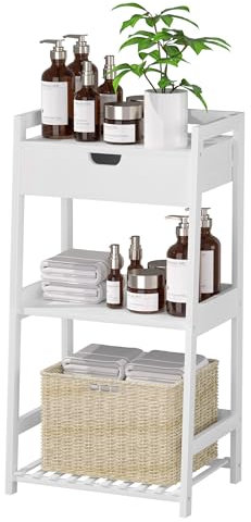 POXAKA 3 Tier Bamboo Bathroom Shelves with Drawer, Ladder Shelf for Bathroom Storage, Space-Saving Design, Stylish Display Nightstand, Stylish Storage Solution for Home, Living Room, Kitchen, Office