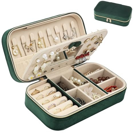 Boxudeli Schmuckkästchen Reise, Schmuckkästchen Klein aus Samt mit Spiegel für Mädchen und Frauen, tragbarer Schmuckaufbewahrungs-Organizer für Ohrringe, Ringe und Halsketten (Schwarzgrün)