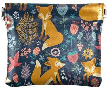 Petit porte-monnaie en cuir synthétique avec motif renard, fleurs, feuilles, avec clip à pression, mini portefeuille pour pièces de monnaie, cartes et essentiels, multicolore, Moderne