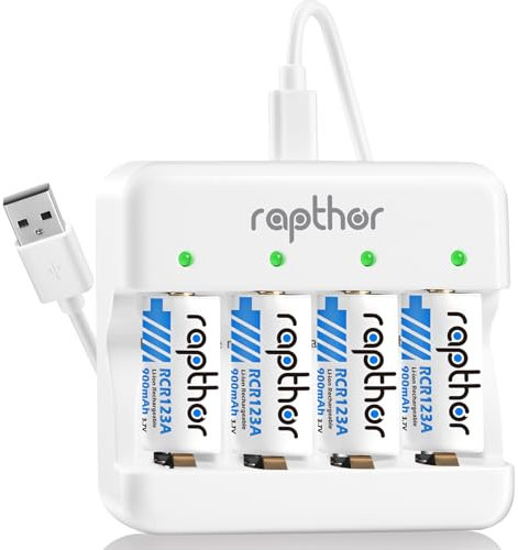 Rapthor 3.7V 900mAh Wiederaufladbare 4er Pack Akku und Ladegerät Kompatibel mit Arlo VMC3030 VMK3200 VMS3330 3530, Taschenlampe Polaroid Mikrofon Ersatz 123 Batterien