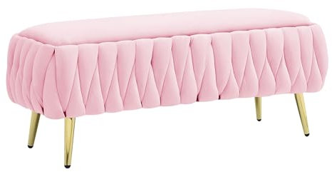 Panca Imbottita Divanetto in Velluto Contenitore Pouf Grande XXL PortaOggetti Intrecciato Panca Sgabello A Pie di Letto con Gambe in Metallo Dorato Cassapanca Ingresso Legno Massello - Rosa Cipria