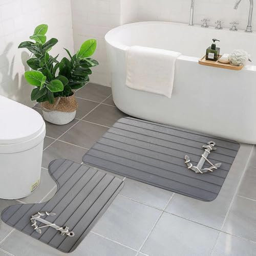 KGDHY Badezimmermatten-Sets 2-Teilig,Anker, Holzanker mit Seil an der Wand,Bad und WC-Vorleger-Set,rutschfeste Badezimmerteppiche wasserabsorbierende