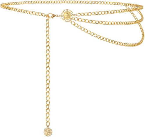 Alaoo Cintura Donna in Metallo Multistrato, Cinture a Catena da Donna, Catena Cintura in Metallo, Cintura Sottile in Vita Alta per Donne, Adatto per abiti, maglioni(135cm-Oro)