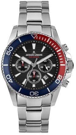 JACQUES LEMANS - Chronographen Liverpool Diver - Quartz Uhrwerk - Gehäusedicke: 12.2 mm - Gehäusebreite: 44 mm - Edelstahl - Blue - Red - 20 ATM