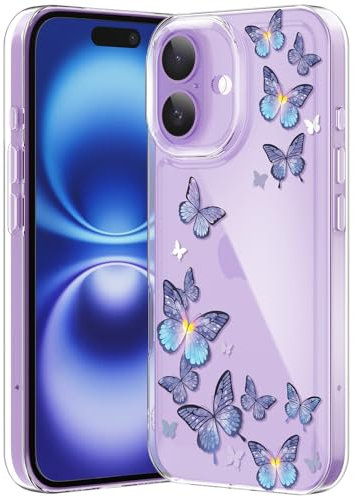 CASBST Compatible with iPhone 16 Case, Clear Case with Cute Butterfly Pattern Design for Girls Women, Slim Soft TPU Shockproof Protective Aesthetic Phone Cover for iPhone 16 (Purple Butterfly)