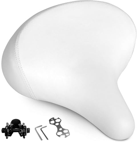 Selle de vélo confortable, selle de vélo confortable en mousse à mémoire de forme, excellente selle de vélo de rechange pour homme et femme, large, confortable et indolore (blanc)