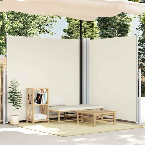HaoChrymec Ausziehbare Seitenmarkise Doppelt mit UV-beständigem Polyester, Automatische Rückrollfunktion, Sichtschutz für Balkon und Garten, Freistehende Markise, Creme, 170 x 600 cm