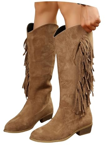 MEECHI Western Cowboystiefel Mit Fransen Damen Langschaft Boots Mit Blockabsatz Retro Wildleder Reitstiefel Warm Schlupfstiefel Herbst Winter Übergangsstiefel(Brown,39 EU)
