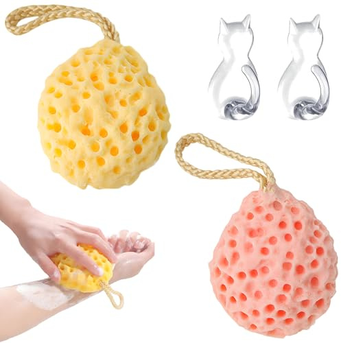 2 Pcs Large Soft Honeycomb Bath Sponges, Shower Sponges, Puff Sea Sponge & Loofah, with Two Cat Hooks, for Adults and Kids Body Deep Exfoliating, Yellow, Pink