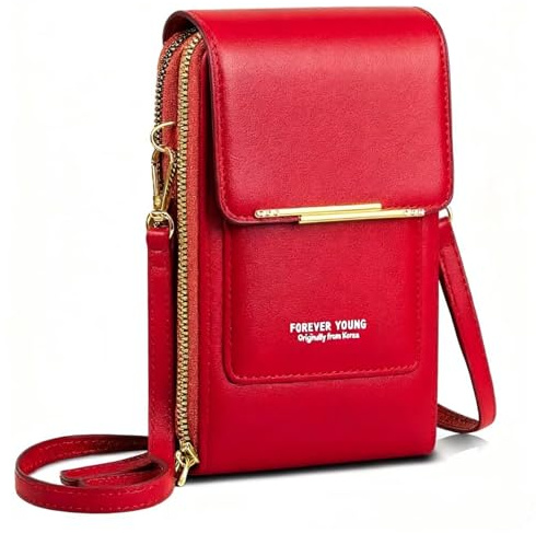 AIFILLE Handytasche mit Geldbörse zum Umhängen Rot, Kleine Umhängetasche Damen Leder PU Handy Portemonnaie Tasche Crossbody Bag Schultertasche mit Kartenschlitz Geldbörse für Handys unter 6,8 Zoll