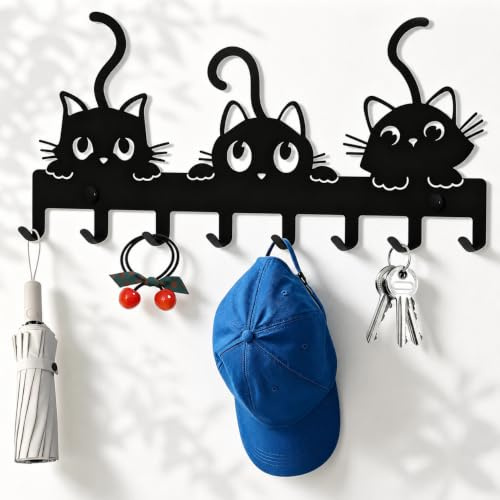 Tarqite Modern, porte-clés métallique avec 8 crochets, noir Barre à clés en forme de chat, décoration murale pour la cuisine, la chambre, le salon, la salle de bain et l'entrée