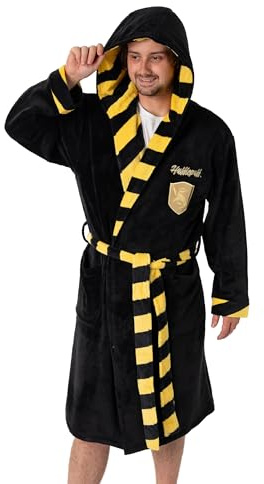 Harry Potter Hufflepuff Unisex Black Hooded Bathrobe | Cosy Fleece Loungewear with Tie | Long Sleeve Movie-Themed Sleepwear | Perfect for Relaxing at Home Merch
