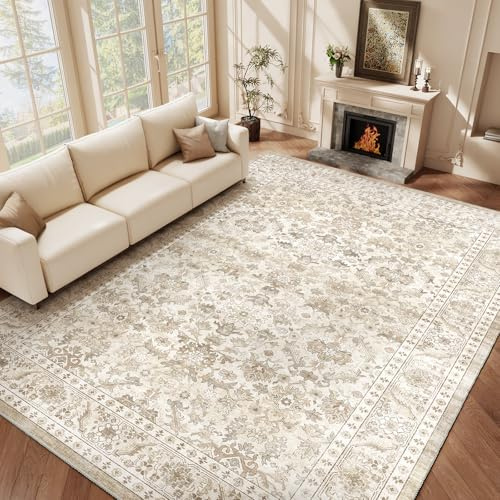 HOMFINE Teppich Wohnzimmer 200x300cm Vintage Waschbar Beige
