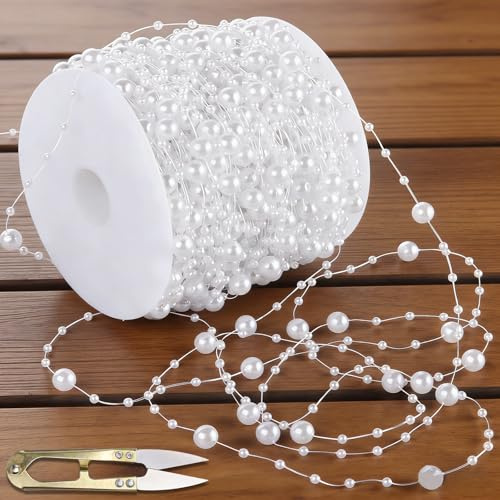 Perlengirlande Weiß 60 m Perlenband Perlenkette Deko Perlen Girlande mit Schere Perlendraht Perlenschnur für Hochzeits Partydeko Geburtstag Taufe Tischdeko DIY Handwerk