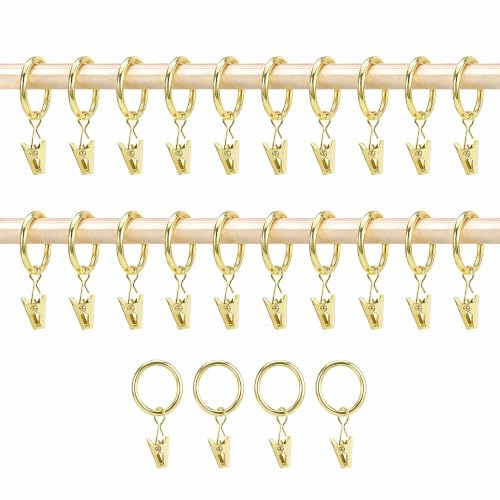 24pcs Curtain Rings with Clips,5mm(1) Inner Diameter(Imitation Gold) | Metal Clip On Drapery Rings, No Sew Rustproof Curtain Hooks, Multi-Use Hanging Clips for Window Shower Curtains