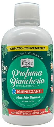 Sweet Home Profuma Biancheria Igienizzante, Concentrato Per Lavatrice. Con Olio Essenziale Di Tea Tree Antibatterico Naturale. Profumato Al MUSCHIO BIANCO 500ml (Flacone)