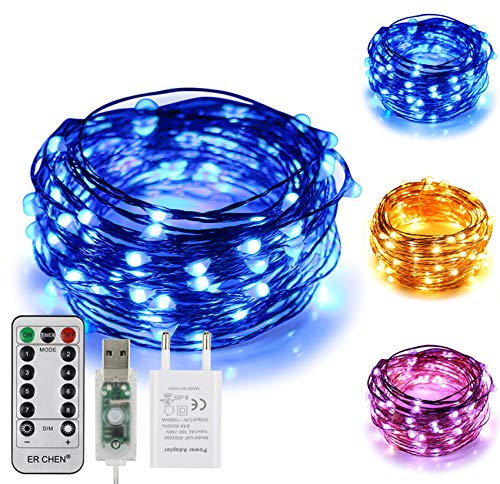 ErChen USB Strom-betrieben Zweifarbige Led Lichterketten, 33 FT 100 Leds Farbe ändern Dimmbar 8 Modi Kupfer Draht-Lichterketten mit Fernbedienung Timer für Innen Außen Christmas (Warmweiß, Blau)
