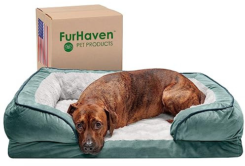 Furhaven Large Memory Foam Dog Bed Perfect Comfort Plush & Velvet Waves Sofa-Style w/Removable Washable Cover - Celadon Green, Large