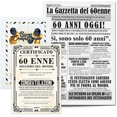 Idea Regalo Compleanno Originale 60 Anni Uomo - Giornale La Gazzetta con Certificato 60 Enne Migliore del Mondo - Maxi Biglietto Auguri - Idee Regali Gadget Originali - Scherzi Biglietti Divertenti