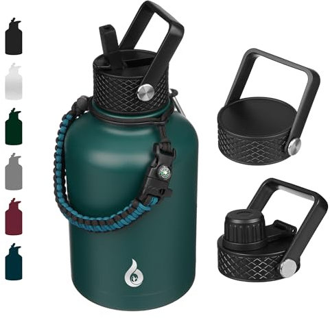 BJPKPK Insulated Water Bottles with Straw Lid, 50oz Large Water Jug, Stainless Steel Vacuum Cups, Hot & Cold Thermos with 3 Lids and Paracord Handle,Army Green