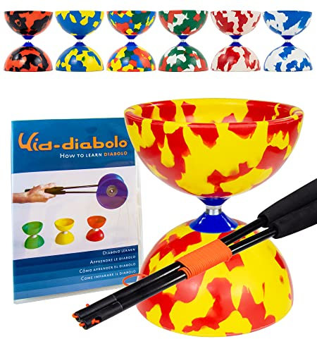 Juggle Dream Jester Diabolo Jonglierset – Fester Achse Profi-Diabolo mit Superglass-Handstäben, Online-Lernvideo – Jonglierspielzeug (Rot/Gelb)