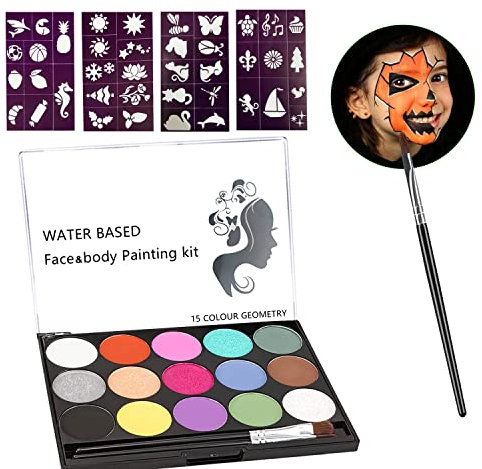 Karnevalsschminke, 15 Farben Kinder Schminken, Kinderschminke Wasserbasis, mit 2 Pinsel , Theaterschminke Kinder, Gesichtsschminke Geeignet für Weihnachtsfeier Maskerade