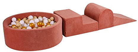 MEOWBABY Parco Giochi in Schiuma con Piscina di Palline 90x30cm/200 Palline per Bambini - Blocchi Morbidi, Velluto, Marsala Rosso: Bianco/Beige/Oro