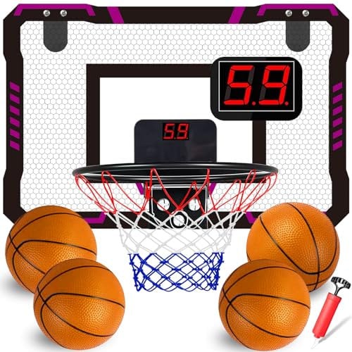 TEUVO Mini Panier Basket Enfants, Panier Basket Intérieur avec Electronique Scorer & 4 Boules pour Porte/Chambre/Bureau/Mural Extérieur Basketball Jouet Cadeau Jeux 5 6 7 8 9 10 12 Ans Garçons Filles