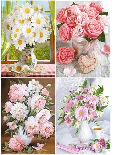 SHEGZHUC Juego de 4 ramos de pintura de diamante en jarrón, 30 x 40 cm, para adultos, flores, rosas, margaritas, peonías, crisantemo morado, 5D, pintura de diamantes, flores, amor, café, paisaje