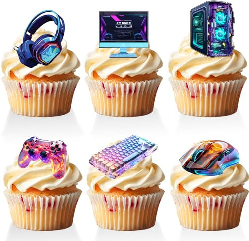 18 PCS Computer Cupcake Toppers for Boys Men Birthday Science Gaming Video Game Themed Party Decorations Party Supplies Cake Topper