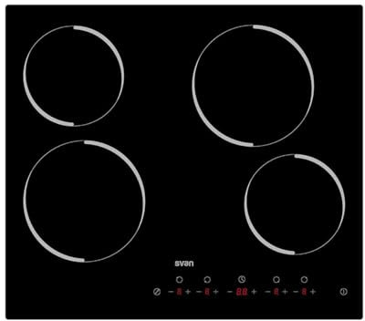 Svan Placa Vitrocerámica Cristal negro SV4601. Potencia máx. 6600 W, 4 Zonas de Cocción, 9 Niveles de Cocción, Control Táctil, Bloqueo y Autodesconexión de Seguridad