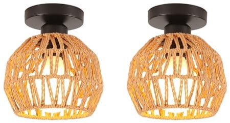 LIGKIN 2 Stücke Deckenleuchte Vintage E27 Hängelampe Lampenschirm aus Metall und Papierkordel Deckenlampe Industrielle Deckenleuchten für Schlafzimmer Wohnzimmer Flur Korridor, Ø16CM