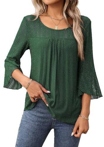 CASURESS Women's 3 4 Sleeve Tops Sparkly Dressy Casual Double Layers Mesh Shirt Business Work Blouses Office Tunic Tops, Green, XXL