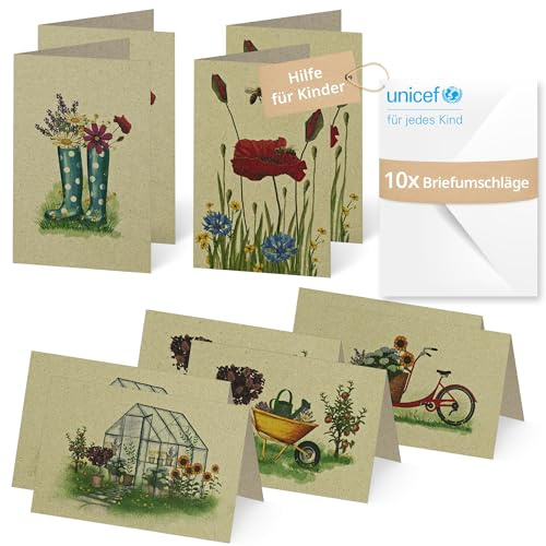 Unicef Blumenkarten Graspapier Minis | 10 Klappkarten mit Umschlägen | Helfen Sie Kindern in Not: FSC-Papier, 10 Karten mit Umschlägen (17,5 x 11,7 cm) – Blumenkarte aus Graspapier