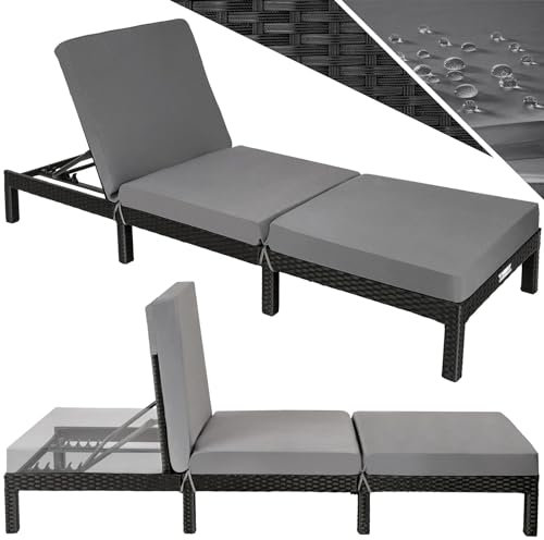 tectake® Polyrattan Sonnenliege mit 6-Fach höhenverstellbarer Rückenlehne, Outdoor Daybed mit bequemer Polsterauflage, Gartenliege Rattan für drinnen und draußen, pflegeleicht und stabil - schwarz